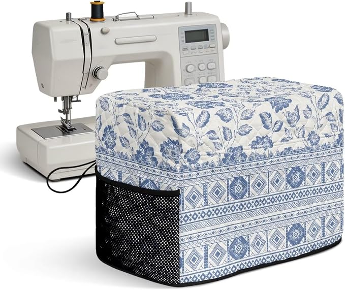 Sewing Machine Cover Polyester Febric Blue White Floral Ethnic | Dust Pet Hair Protection,Quilting Design,Fits Standard Singer,Brother Janome Machines,Protecting Decorating Your Sewing Space