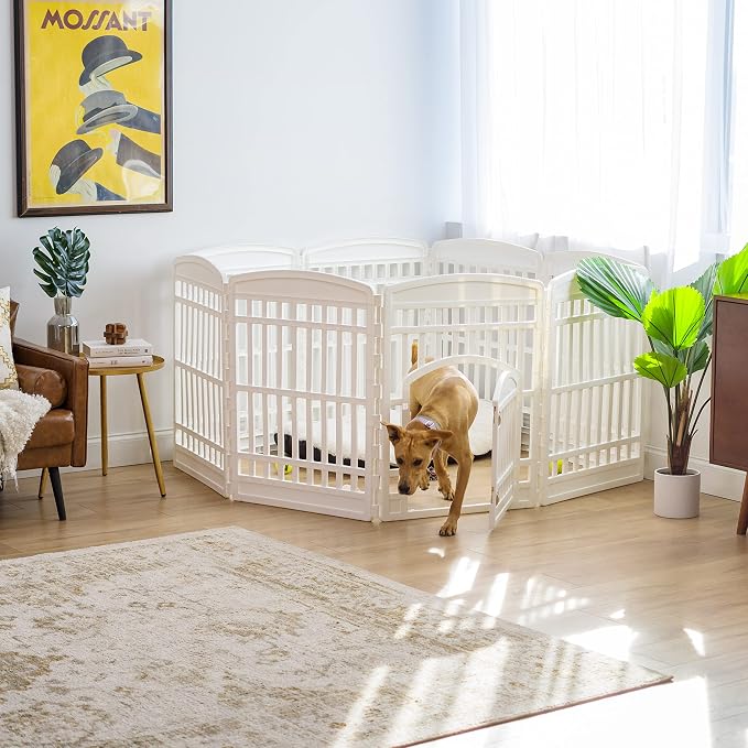 IRIS USA 8-Panel Dog Playpen, Pet Enclosure, White | Pet Containment, Custom Pen Configuration, Multi-Shape Setup, Flexible Boundary, Stable Non-Tip Base, Tool-Free Assembly