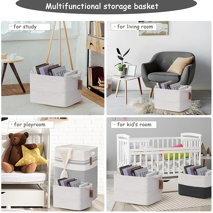 COMFY-HOMI 3PACK Cotton Rope Square Basket with Handles for Shelves| Storage|Baby Basket for GIF|Shoe Basket for Organizing|New13.5" x 11" x 9.5" for Living Room