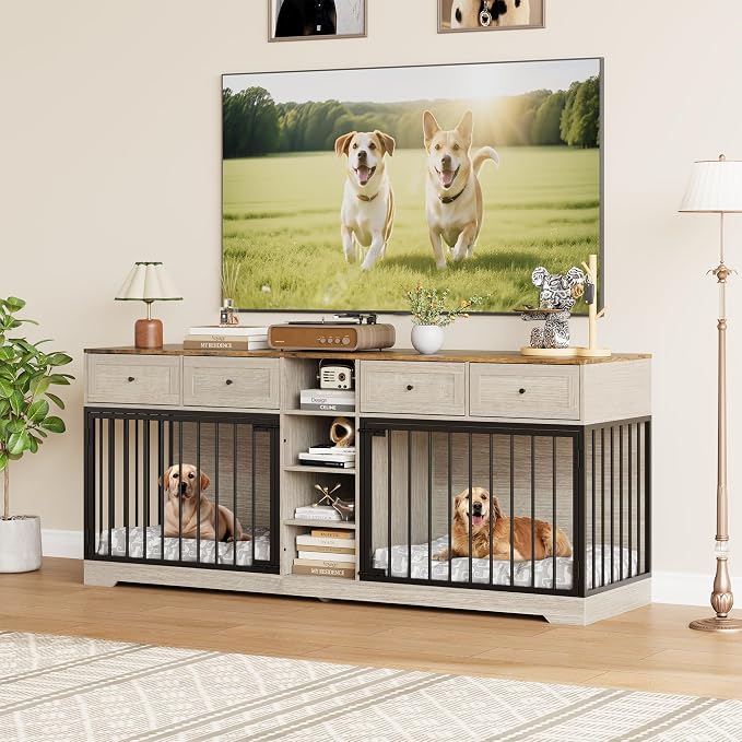 Dog Crate Furniture for 2 Dogs, Double Dog Crate TV Stand, Washed White | 82" Large Dog Kennel Indoor with 4 Storage Drawers and 4 Shelves, Suitable for Small, Medium and Large Dogs
