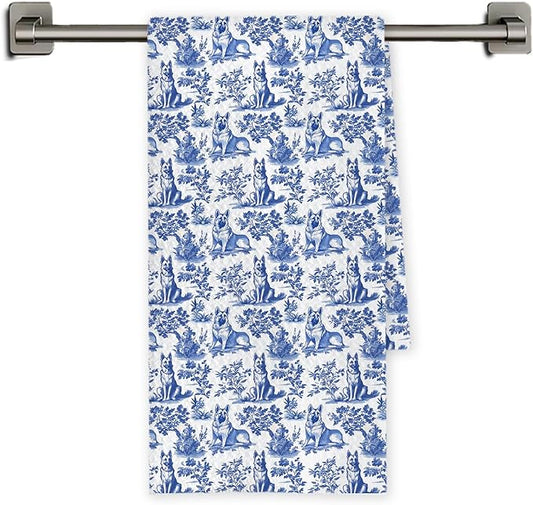 Chicimln Chinoiserie German Shepherd Kitchen Towels, German Shepherd Gifts Decorative Hand Towels for Bathroom, Blue and White Dog Dish Tea Towel Drying Cloth for Kitchen Decor, 16x24 Inch