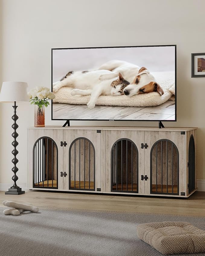Hzuaneri 70.9" Double Dog Crate Furniture, Dog Kennel Indoor with Cushion | Heavy Duty Dog Crate Furniture for 2 Dogs,Dog Cage End Table TV Stand with Divider for Med-Large Dogs,Greige Black DFC81905B
