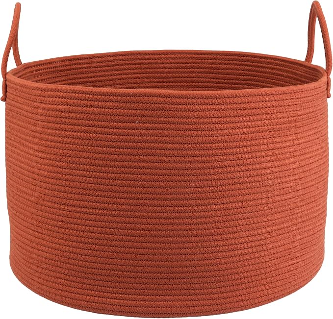XUANGUO 66L Large Blanket Basket, Round Cotton Rope Basket, Rustic | 20" x 13" Laundry Basket with Sturdy Handles for Blankets, Pillows and Toys; Storage for Living Room, Bedroom and Nursery