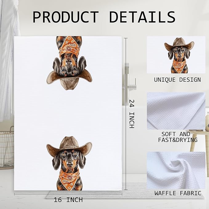 Cabana Bro Dachshund Gifts Kitchen Towels, Dachshund Gifts for Dog Lovers Decorative Hand Towels for Bathroom, Retro Western Cowboy Wiener Dog Dish Tea Towels for Kitchen, 16x24 Inch