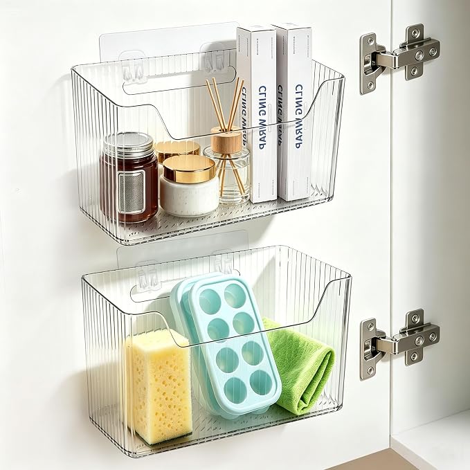 Pensino 2 Pack Adhesive Cabinet Door Organizer Storage Caddy, Clear Lid Organizer Inside Cabinet Wall Mounted Pantry Door Caddy for Food Container Lid Kitchen Under Sink Basket (Clear)