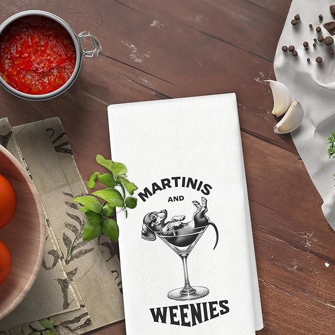 Funny Dachshund Kitchen Towels, Wiener Dog Lovers Home Bar Towels, Martinis Lovers Gifts, Dachshund Decor, Dog Hand Towels 16x24, Martini and Weenies