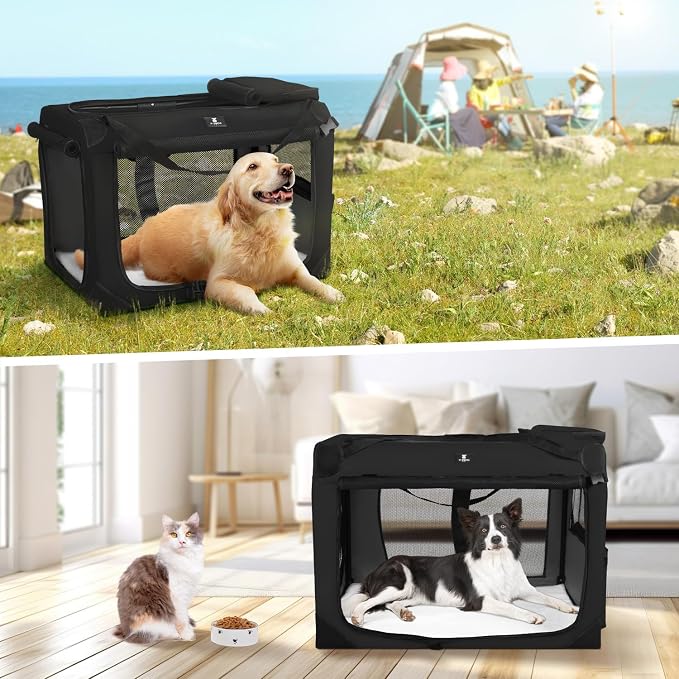 X-ZONE PET Dog Crate 3-Door Kennel, Collapsible Portable Soft Sided Pet Carriers for Indoor & Outdoor, Multiple (32-Inch, Carbon Black)