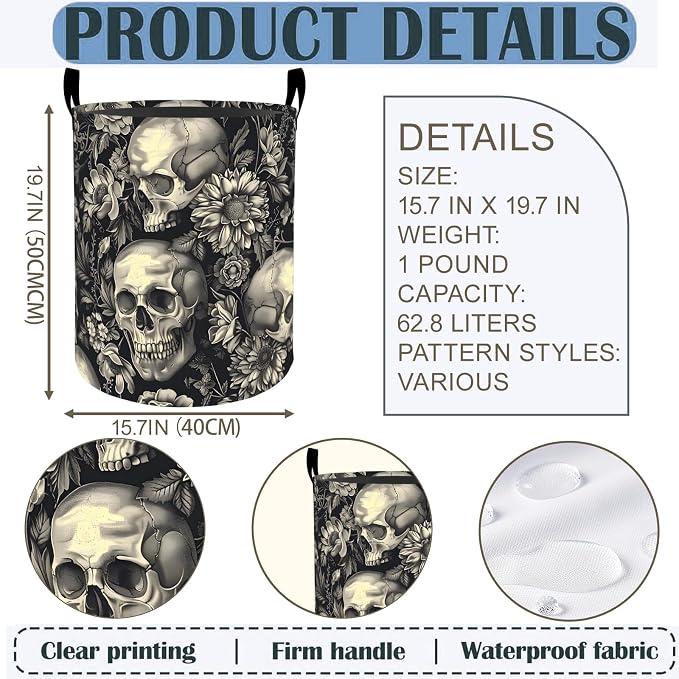 Skull Floral Laundry Basket Hamper 19.7"x15.8", Gothic Foldable Waterproof Oxford Clothes Storage Bucket for Room Bathroom Bedroom Nursery Decor, Toy Organizer Bins Gifts for Kids Boys Girls