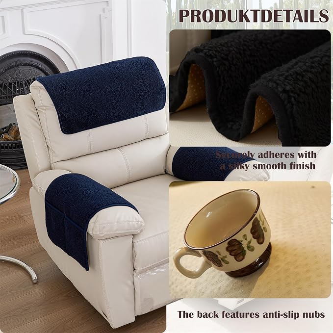 Sherpa Fleece Armrest and Headrest Covers with 2 Pockets | Soft fleece with nonslip silicone backing helps protect leather and fabric furniture from pet scratches machine washable