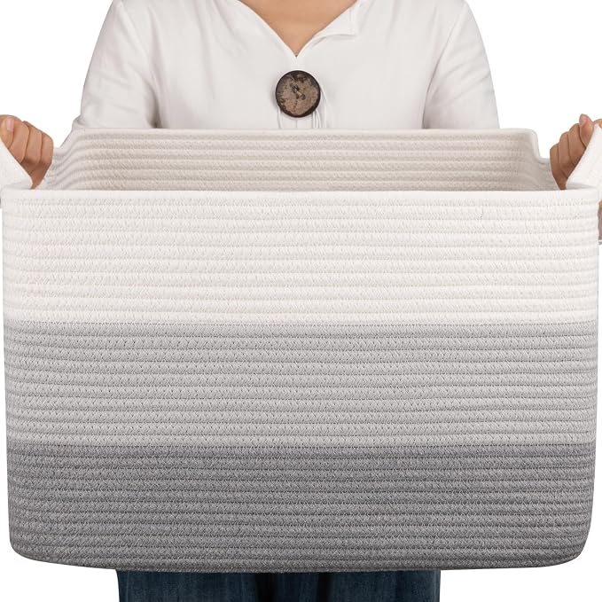 OIAHOMY Woven Blanket Basket Laundry Basket Dog Toy Basket Gradient Grey | Large Storage Basket,Baby Basket,Toy Storage,Woven Rope Basket for Blankets,Blanket Storage for Living Room