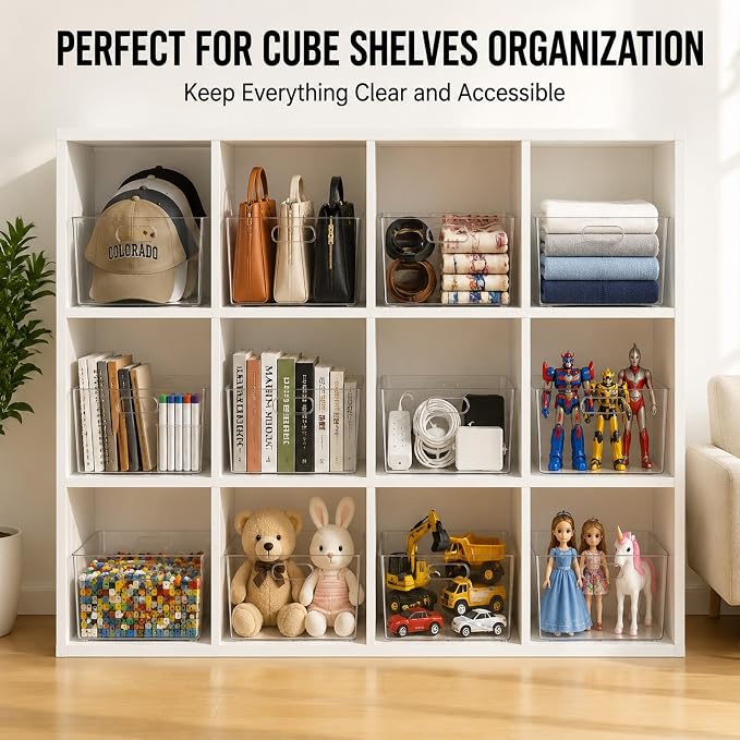 MOONEDGE 4-Pack 12x12x7 Extra Large Clear Plastic Storage Bins with Handles | Cube Acrylic Organizer Square Containers for Pantry,Closet,Kitchen,Bathroom,Laundry,Under-sink,All-In-One Organization