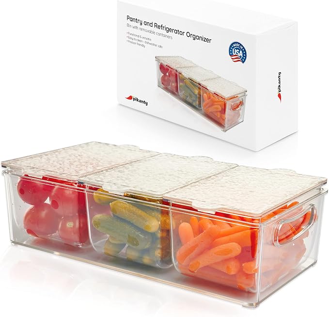 Pikanty Condiment Server Tray with 3 Removable Containers and Lids - Compact Sundae Bar, Taco Night, Dip Tray, Kids Snack Station Organizer with Carry Handles, Dishwasher Safe, Made in USA