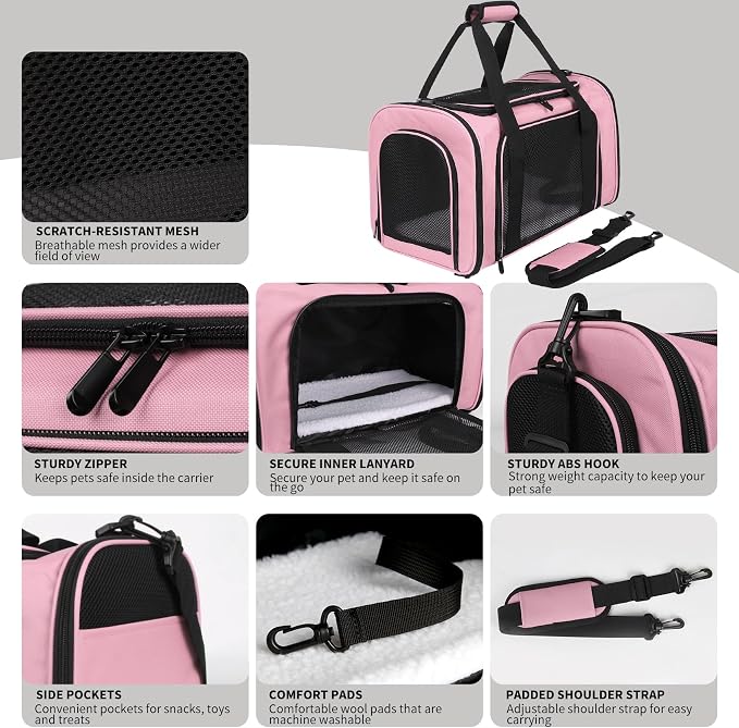 Cat Carriers Soft-Sided,Pet Carrier for Small Cats Dogs Puppies up to 1-15 LBS,TSA Airline Approved, (Medium,Pink)
