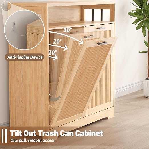 13 Gallon Double Tilt Out Trash Can Cabinet with Open Shelf & Storage - Pet Proof Hidden Recycling Cabinet & Wooden Laundry Hamper for Kitchen, Bathroom, Living Room, Natural Wood