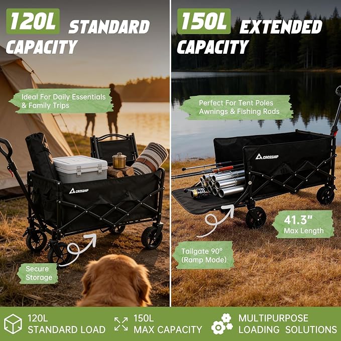Foldable Pet Wagon Cart with Drop-Down Tailgate & Washable Pet Pad | 150L Heavy Duty Collapsible Garden Cart 330lbs Capacity, All-Terrain Wheels Utility Wagon for Camping with 2 Small Puppies