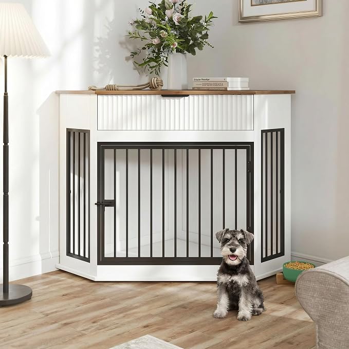 44.6" Corner Dog Crate Furniture for Small Medium Dogs, Modern Medium Size Decorative Dogs Crates End Table with Fluted Drawer, Wooden Dog Cage Kennel Furniture for Home Décor, White