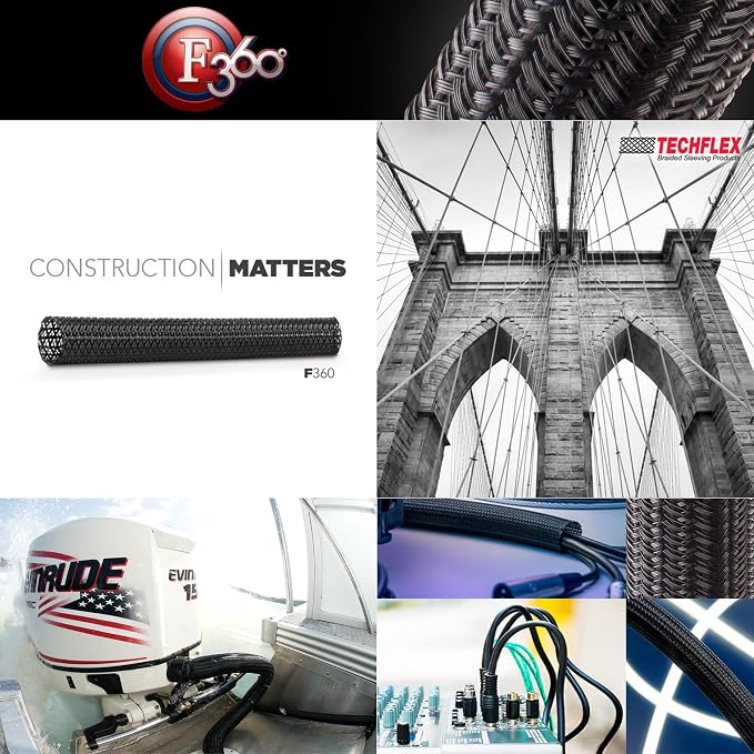 Techflex F360 Full 360 Degree Enclosed Semi-Regid Braided Sleeving Flexible Conduit - 1.38" - 25 Feet - Black