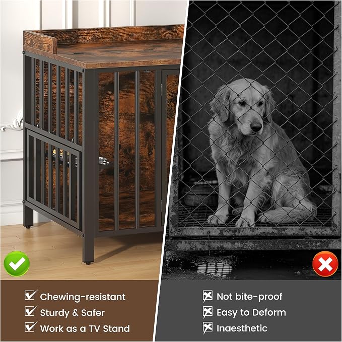 BOINN 63 Inch Dog Crate, Large Dog Crate for 2 Dogs, Dog Kennel Indoor for Medium/Small Dogs with Top Access Door, XL Wooden Dog Cage with 360 Degree Rotatable Stainless Bowls, Heavy Duty Steel Frame