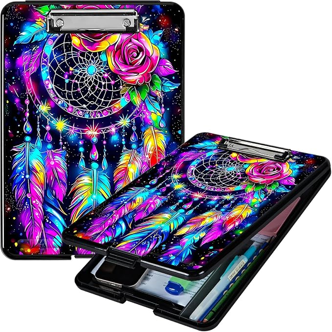 Artistic Dreamcatcher A4 Clipboard with Storage Pen Holder, Clipboards Organizer Nursing Clipboard Foldable File Folder Plastic Clipboard Folio Clip Board for Office Students Classroom