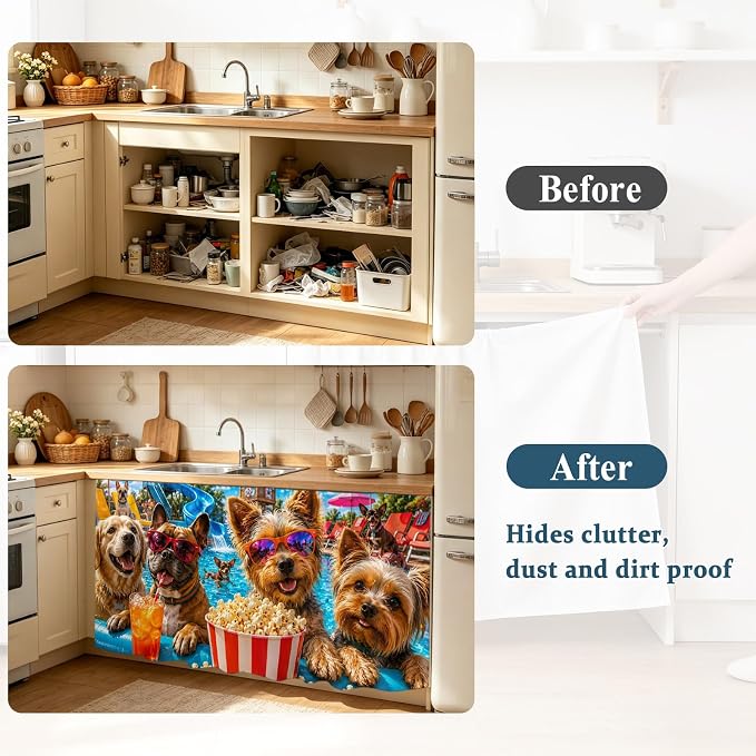 Summer Dog Sink Skirt for Bathroom, Self-Adhesive Under Sink Curtain, Summer Fantasy Pets Juice Popcorn Pool Country Hide Pipes & Storage Fabric Cabinet Skirt Cover for Kitchen Laundry 32"x55"