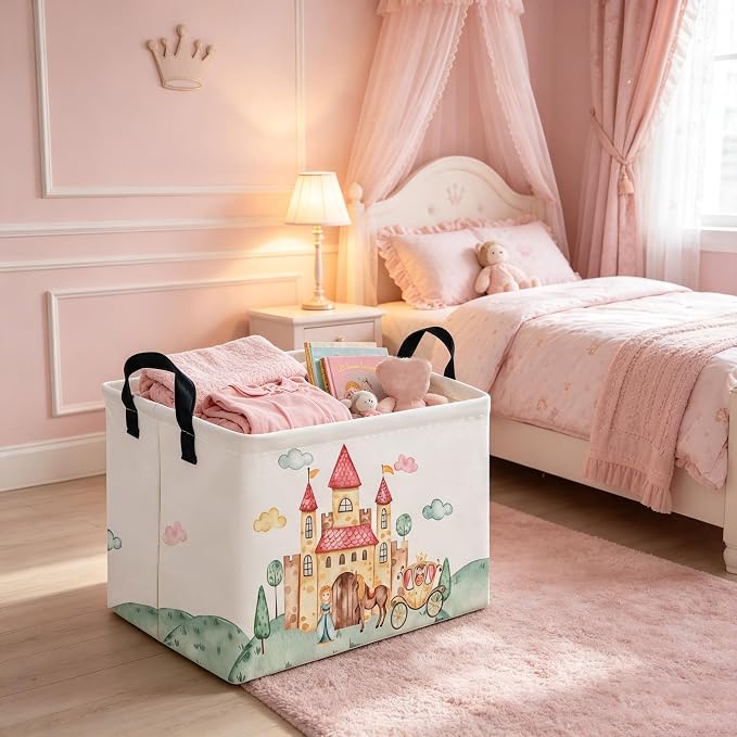 Rectangular Pink Princess Storage Basket,Cute Basket for with Handles for Room Decor,Gift Baskets,Girl pink room decor(Watercolor castle)