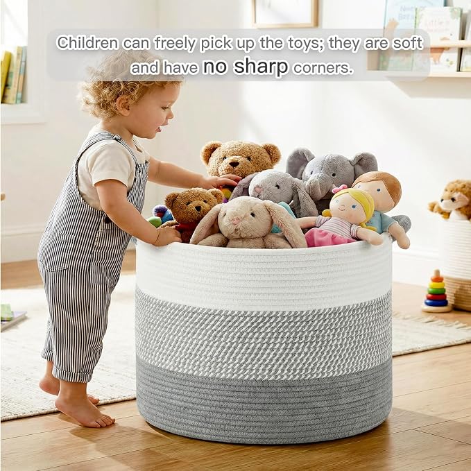 Artfeel 40L Large Cotton Rope Basket, Decorative Woven Blanket Storage for Living Room, Boho Toy Storage & Toy Box for Kids, Versatile Laundry Basket & Nursery Hamper for Blankets(Gery)
