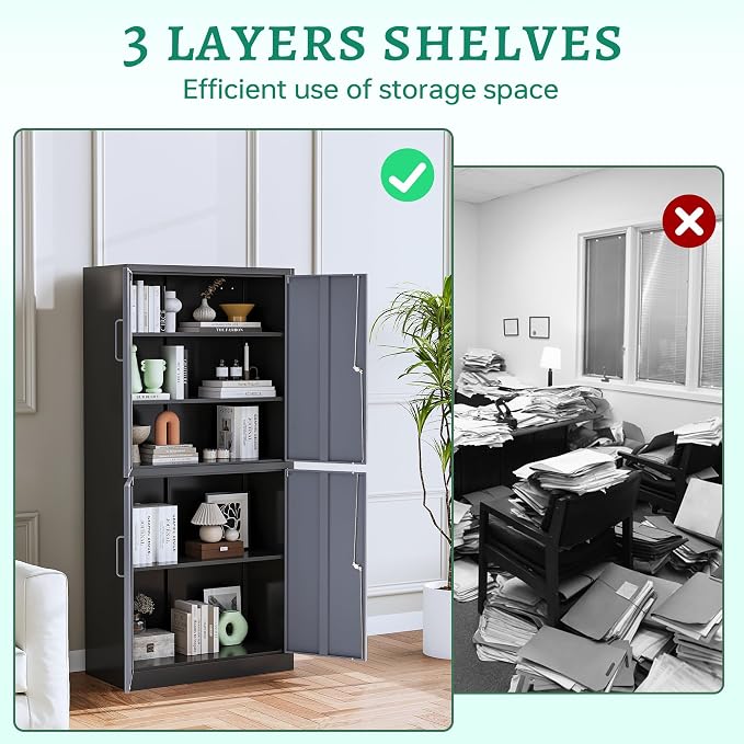 Metal Storage Cabinets with Lock Door and Shelves, Steel Garage Tool Cabinets for Home,Office, Warehouse,Lockers(71"-Black Gray)