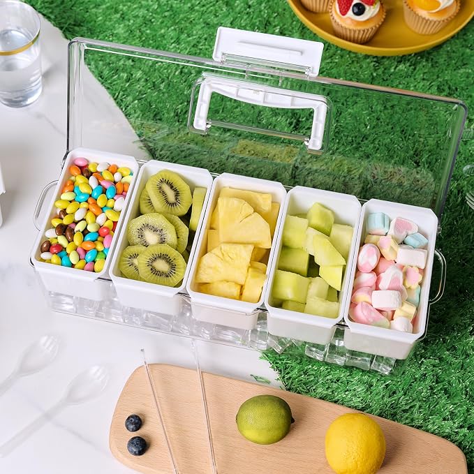 Chilled Condiment Caddy Server with 5 Removable Compartments Containers | Ice Chilled Condiment Tray Organizer, Hidden Handle Design, Garnish Tray Multi-Purpose for Camping, Kitchen, Fruit, Salad