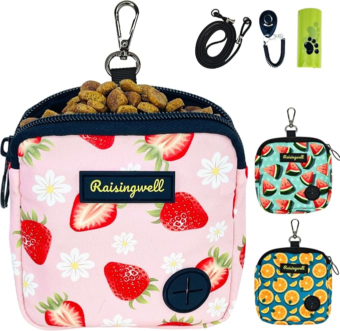 Raisingwell Dog Treat Pouch for Pet Walking and Training with Clicker Poop Bags Small Fanny Zipper Pack Holder for Puppy Snack Dispenser Kit for Leash and Outdoor Use (Strawberry)