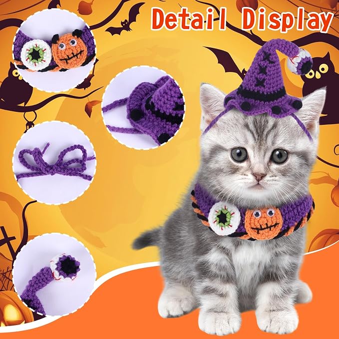Kunyeah Halloween Pet Costume Set for Cats Small Dog Adjustable Knitted Hat Scarf Pumpkin & Witch Print Puppy Bib Cute Crochet Cat Collar Cap Pet Apparel Outfit (Purple-Eyes)
