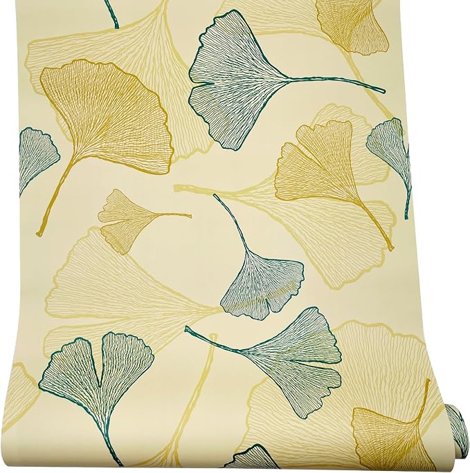 Drawer Shelf Liner Ginkgo Leaf Self-Adhesive Furniture Countertop Lining Paper Sheet Waterproof Wallpaper Roll 118x18 Inch