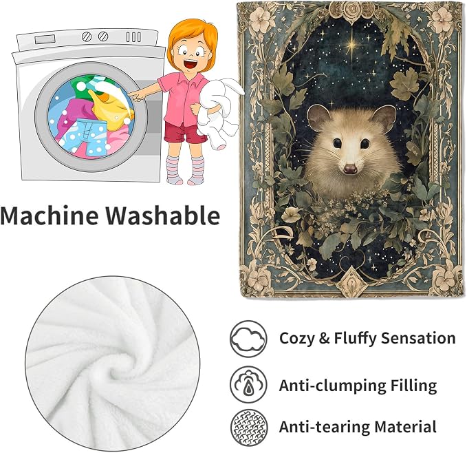Vintage Possum Blanket,50x60in,Retro Opossum Enchanting Nighttime Floral Frame Throw Blankets,Gifts for Kids Adult & Animal Lovers, Lightweight Soft Fleece,for Sofa Couch Bed Room Rustic Decor