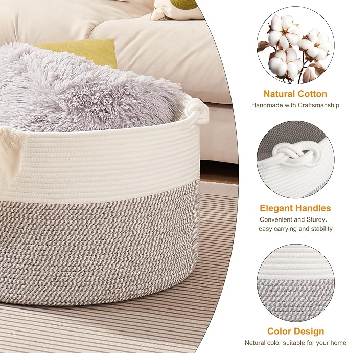 OIASKET Large Blanket Storage Basket for Living Room, 22.8" x 22.8" x 13" Woven Cotton Rope Basket with Handles, Baby Toy Storage, Laundry Hamper for Clothes, Pillows, Towels-Grey and White