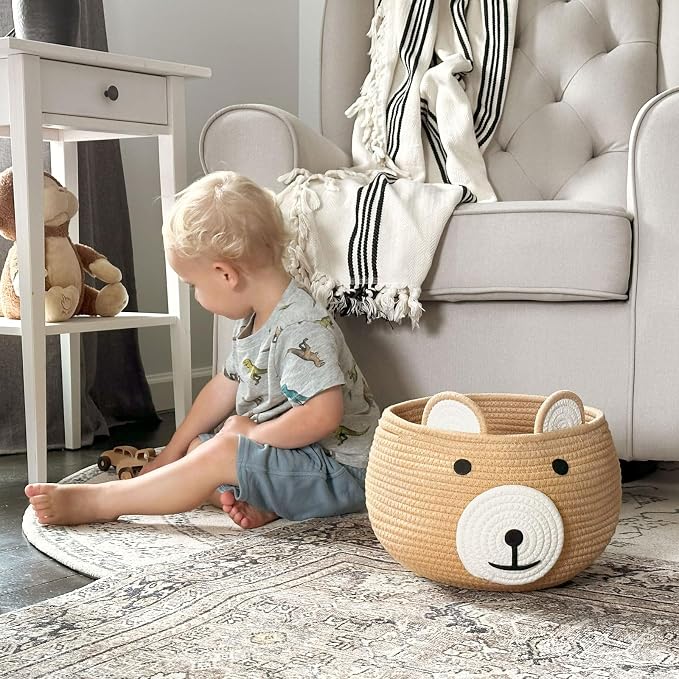 CherryNow Baby Basket for Gifts Empty, Cute Bear Design, Brown | 10.5" x 8.5" Baby Shower Basket for Kids Boys Newborn Storage, Toy Basket for Living Room Nursery Décor, Soft Cotton Rope