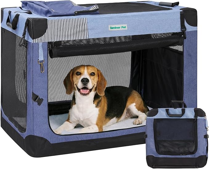 Gardner Pet Soft Collapsible Dog Crate - 30 Inch Portable Travel Dog Crate for Small/Medium Dogs Indoor & Outdoor, 3-Door Pet Crate with Durable Mesh Windows & Storage Bag, Blue
