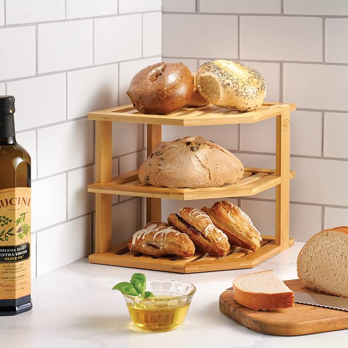 Bamboo Plate Organizer for Cabinet, 3 Tier Corner Shelf Riser, 2 Pack | Holds heavy stacked dishes mugs bowls, non slip feet, tool included easy assembly, kitchen pantry bathroom counter storage