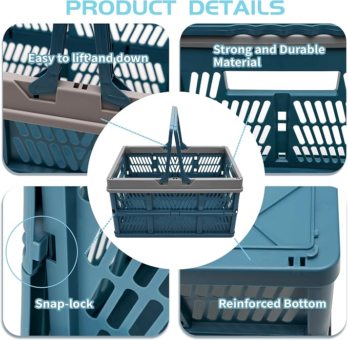 VALESKA 17" Plastic Milk Crate (Deepblue),33L Collapsible Crates for Storage, Foldable Collapsible Shopping Basket with Handles,Car Trunk Basket,for Kitchen