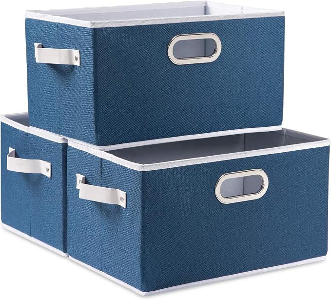 PRANDOM Fodable Storage Bins for Closet [3-pack] Decorative Fabric Storage Baskets Cubes with Leather/Metal Handles for Shelves Bedroom Living Room Royal Blue (11.5x8.5x6.7 Inch)