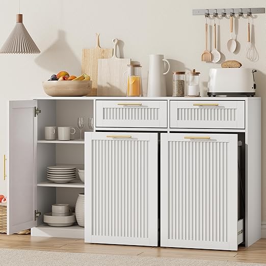2 X 13 Gallons Double Pull Out Trash Can Cabinet with Storage, White | 54"W Fluted Kitchen Trash Cabinet with Adjustable Shelf & Drawers, Hidden Pet Proof Trash Can Holder for Laundry Living Room