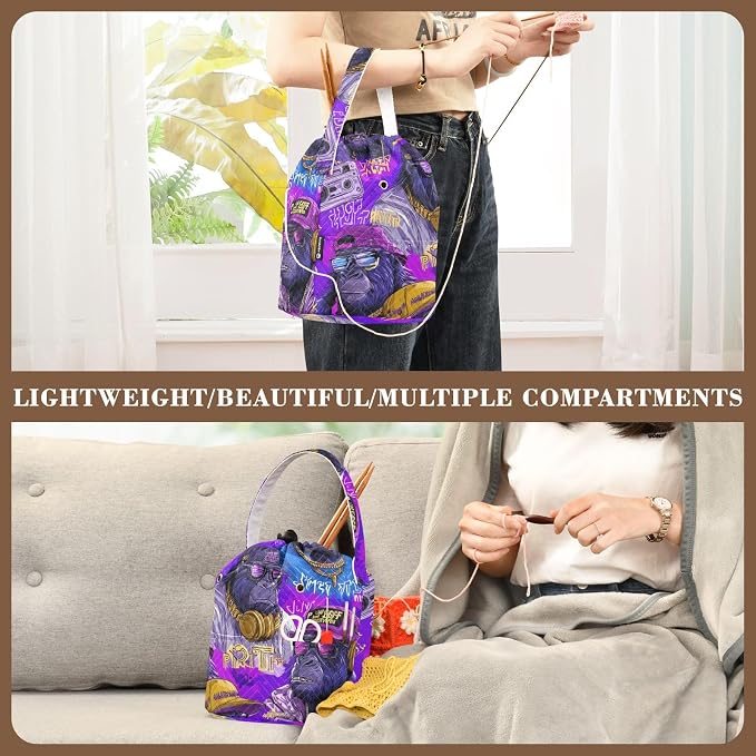Tatenale Crochet Bag Yarn Bag Knitting Project Bag with Pockets and Handle Portable Yarn Storage Organizer Tangle Free 8.3x11 InchCartoon Gorillas Glasses Trends Purple36