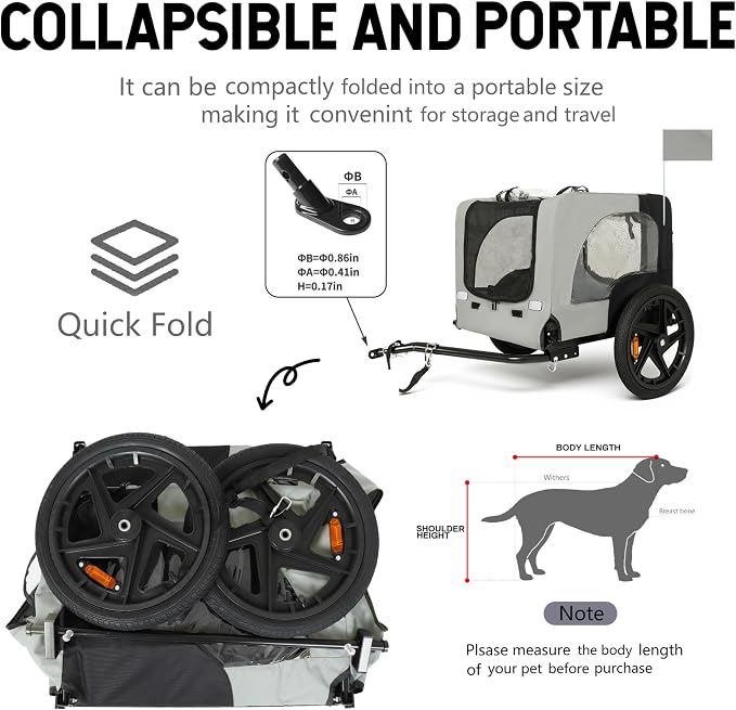 KEIKI Dog Bike Trailer with Built-in Leash, Pet Stroller Cart Bicycle Carrier, Easy Folding Cart Frame with Front Caster & 16" All-Terrain Wheels & Universal Hitch, Supports up to 66 lbs