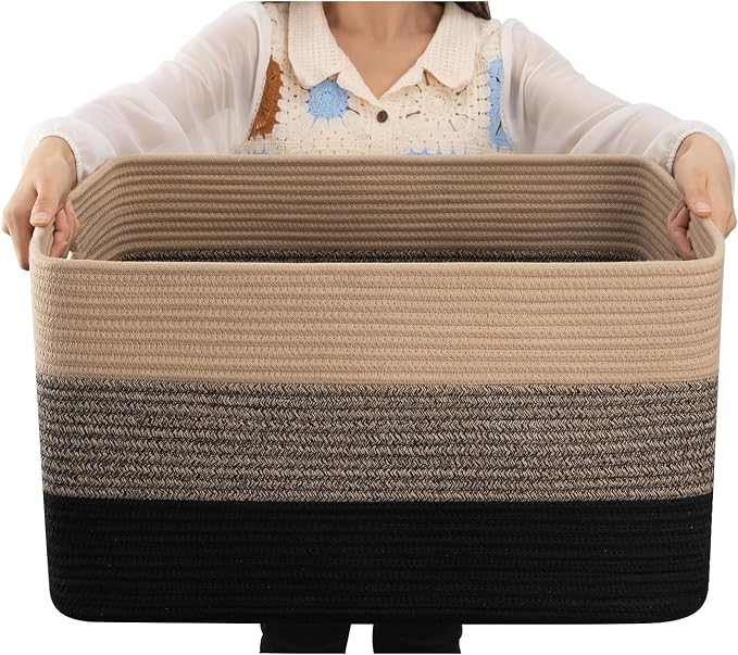 OIAHOMY Blanket Basket Laundry Basket Dog Toy Basket 75L Yellow Black | Large Storage Basket,Baby Basket,Toy Storage,Woven Rope Basket for Blankets,Blanket Storage for Living Room