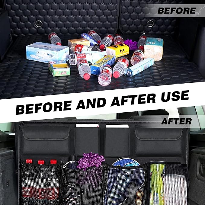 Car Trunk Organizer, Trunk Hanging Large Storage with Adjustable Straps, Waterproof Collapsible Cargo Storage Bag with 4 Pockets & 4 Mesh Pouches, Car Interior Accessories for SUV, Truck