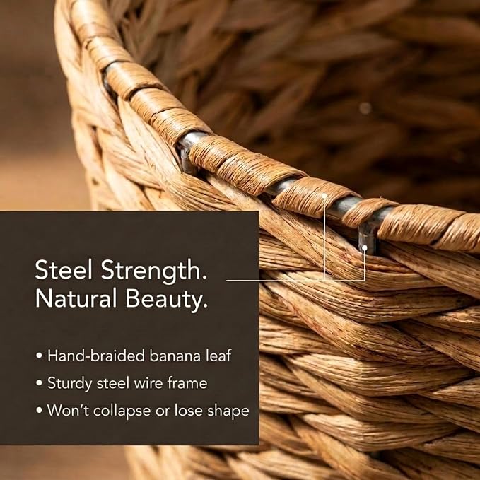 Household Essentials Wicker Waste Basket, Woven Leaf Basket with Wire Frame, Trash Bin or Storage Basket for Bedroom, Bathroom, Office and More