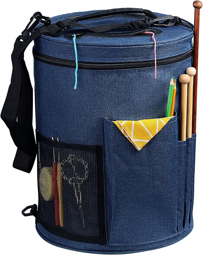 Weabetfu Large Capacity Portable Yarn Organizer Knitting Tote Storage Bag with Shoulder Strap Yarn Bags Have Pocket for Crochet Hooks,Knitting Needles & Accessories,Prevent Yarn Tangle(Blue)
