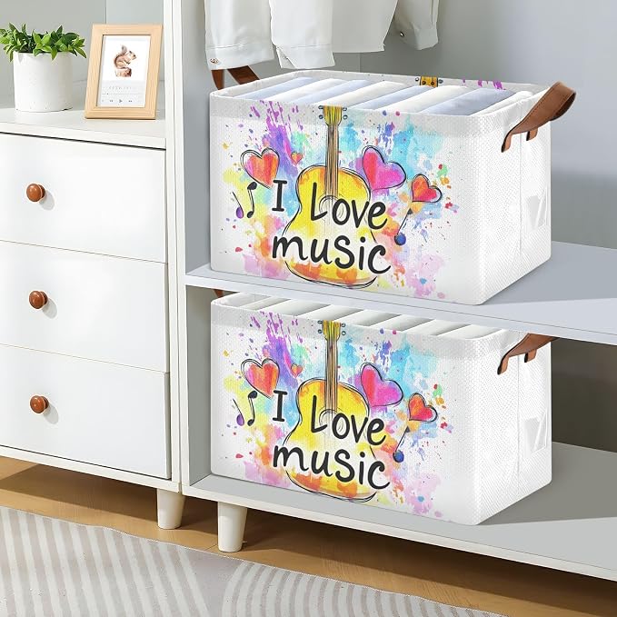 I Love Music Quoted Musical Guitar Storage Basket Foldable Cube Storage Bins with Handles&Label Collapsible Organizer Box Bin Large Rectangle Decorative Baskets for Shelves Home Living Room Closet