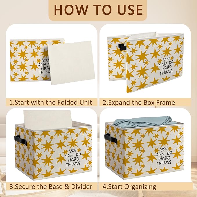 You Can Do Hard Things Kids Affirmation Box with Handles, Motivational Yellow Stars Decorative Storage Boxes Baskets Organizer for Bedroom Nursery Playroom Classroom