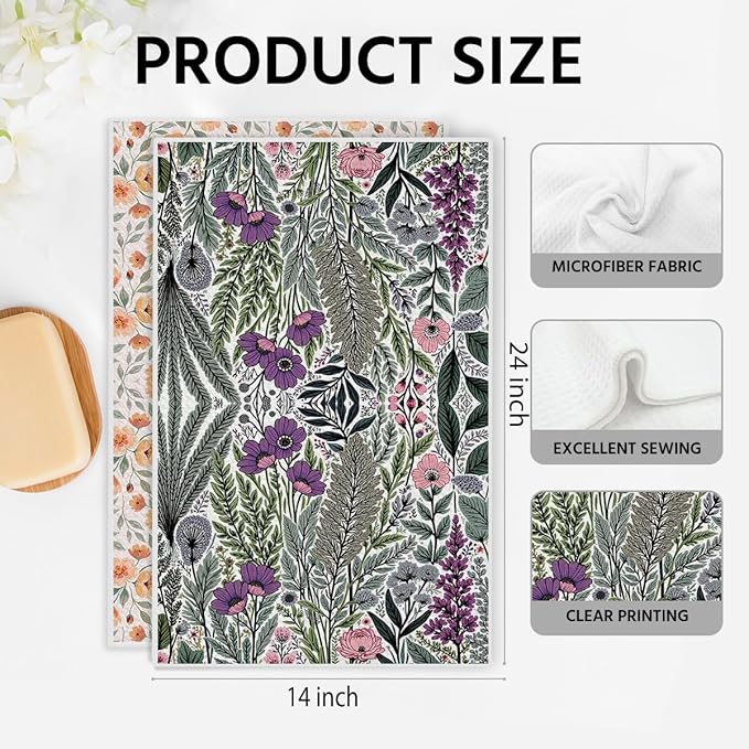 2PCS Vintage Boho Floral Kitchen Towels 14x24 Inch, Absorbent Microfiber Decorative Dish Cloth Tea Towel, Retro Colorful Flower Dish Tea Towels Drying Cloth for Kitchen, Housewarming Gifts for Women02