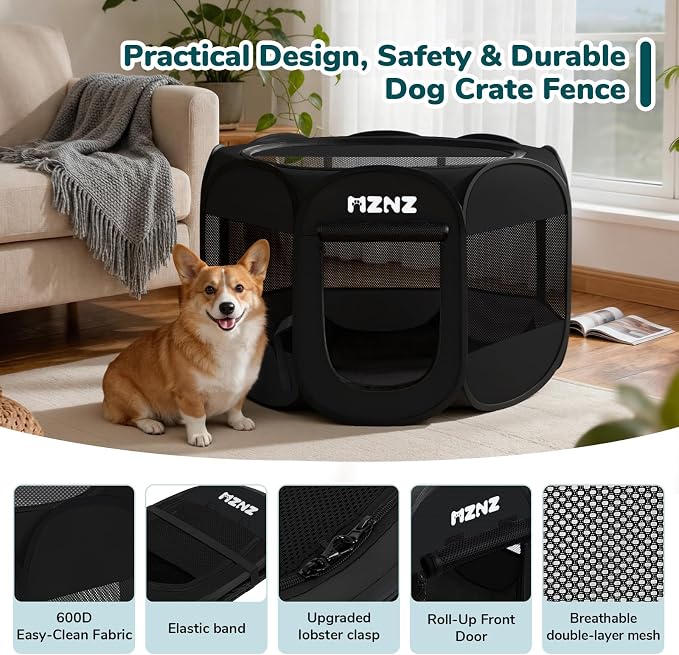 Dog Cat Small Animal Puppy Playpen Crate, Medium, Whole Black | Portable Pop Up Pet Cage Enclosure Tent Kennel Indoor Outdoor with Carrying Case, No Assembly, Camping Use