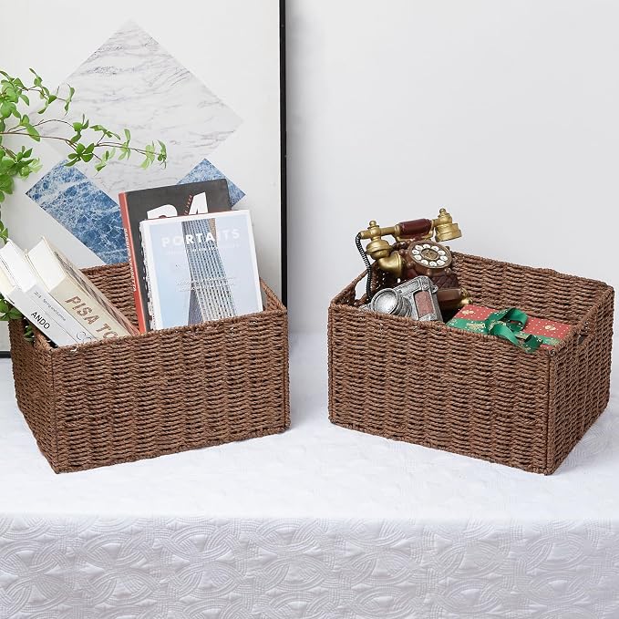 Vagusicc Large Wicker Storage Basket, Set of 2 Baskets for Organizing Brown | Hand-Woven Wicker Small Storage Baskets for Organizing Toilet Paper, Foldable Large Cube Storage Organizer Bins for Shelves